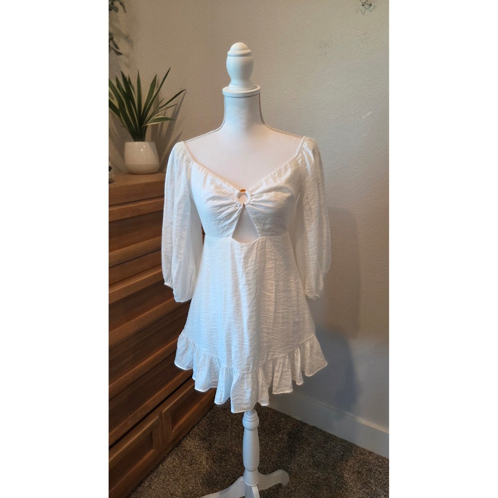 Indikah Cut‎ Out Tie Back Mini Dress Balloon Sleeve White Boho Cottagecore M